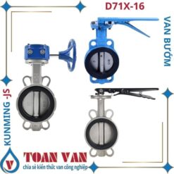 Ba mẫu van bướm D71X-16 kiểu kẹp wafer, thân gang và inox, vận hành tay quay hoặc tay gạt, chịu áp suất PN16