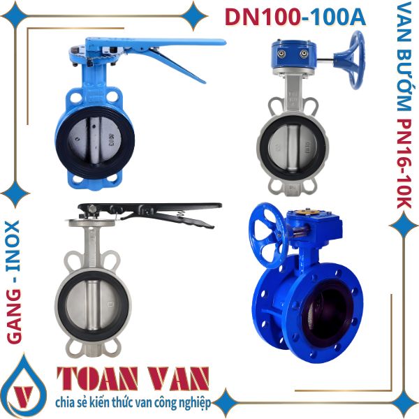 {{title}} Van bướm DN100-100A PN16, PN10K, gang inox, thiết kế tay gạt và tay quay, ứng dụng trong công nghiệp.