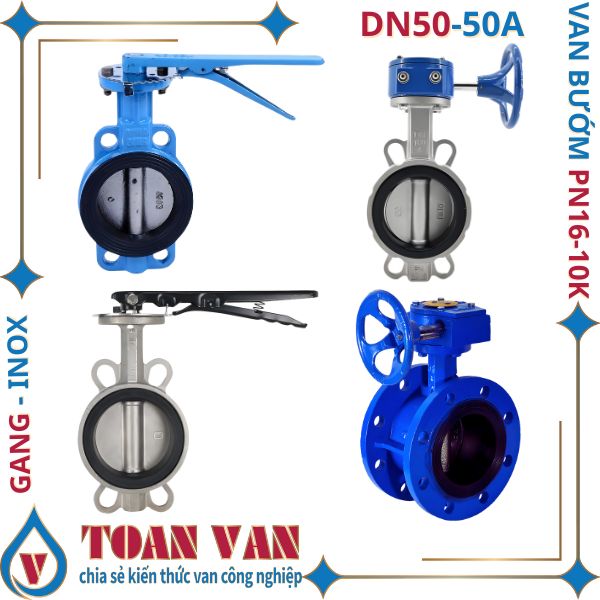 {{title}} Van bướm DN50-50A PN16, PN10K, gang inox, thiết kế tay gạt và tay quay, ứng dụng trong công nghiệp.